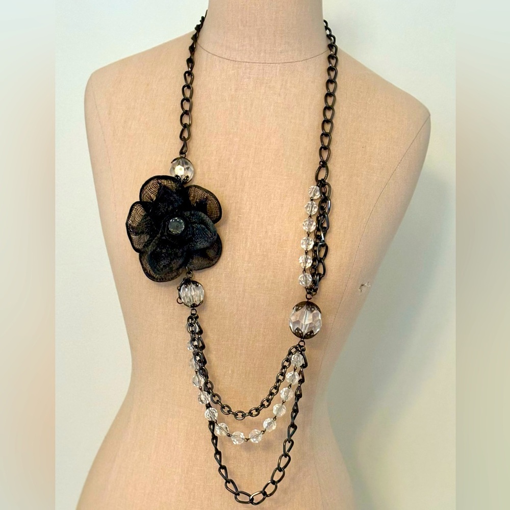 NWOT Hand Crafted Long Beaded Chain Necklace With Flower, Adjustable Lengths